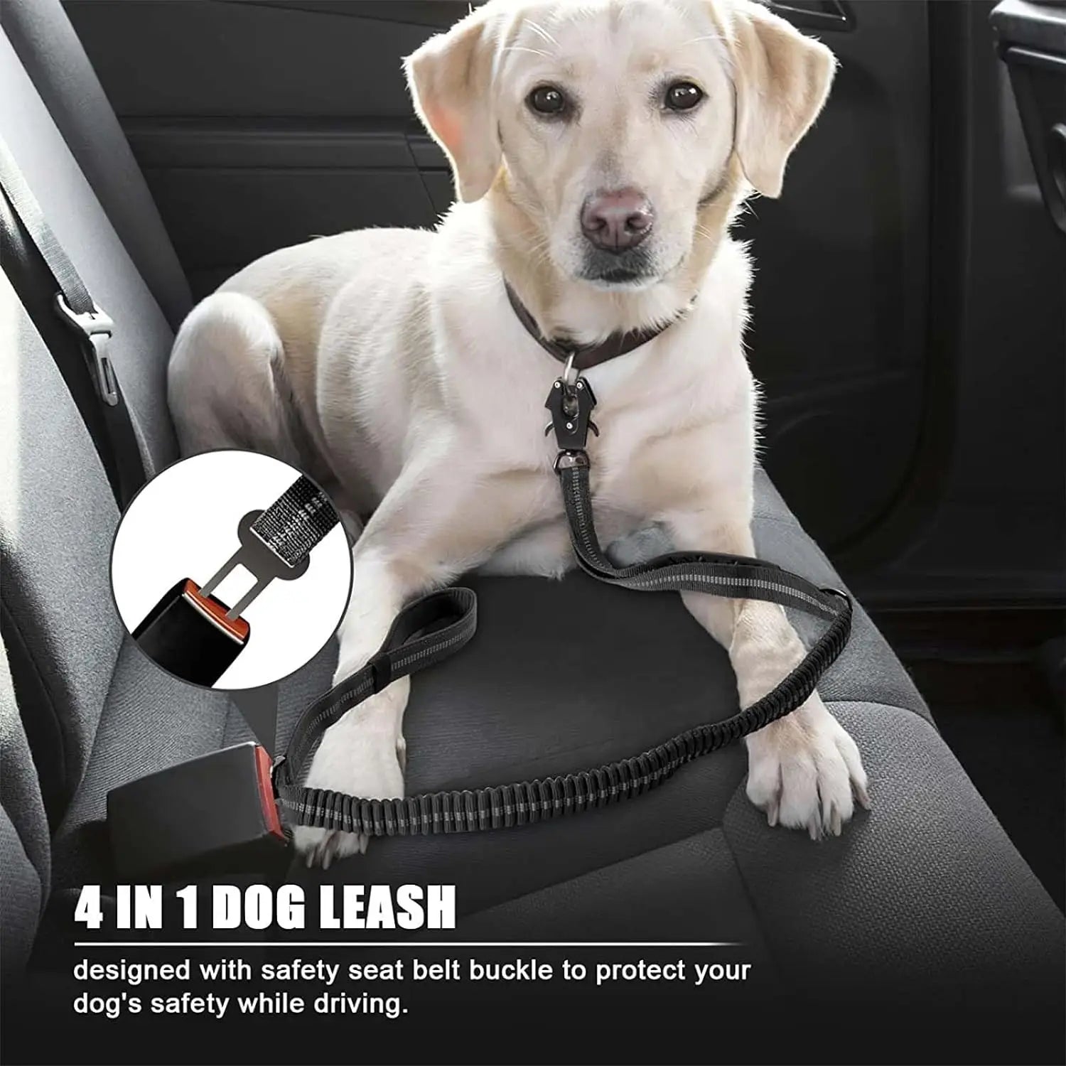 Heavy Duty Dog Leash with Car Seatbelt – Reflective Bungee Lead