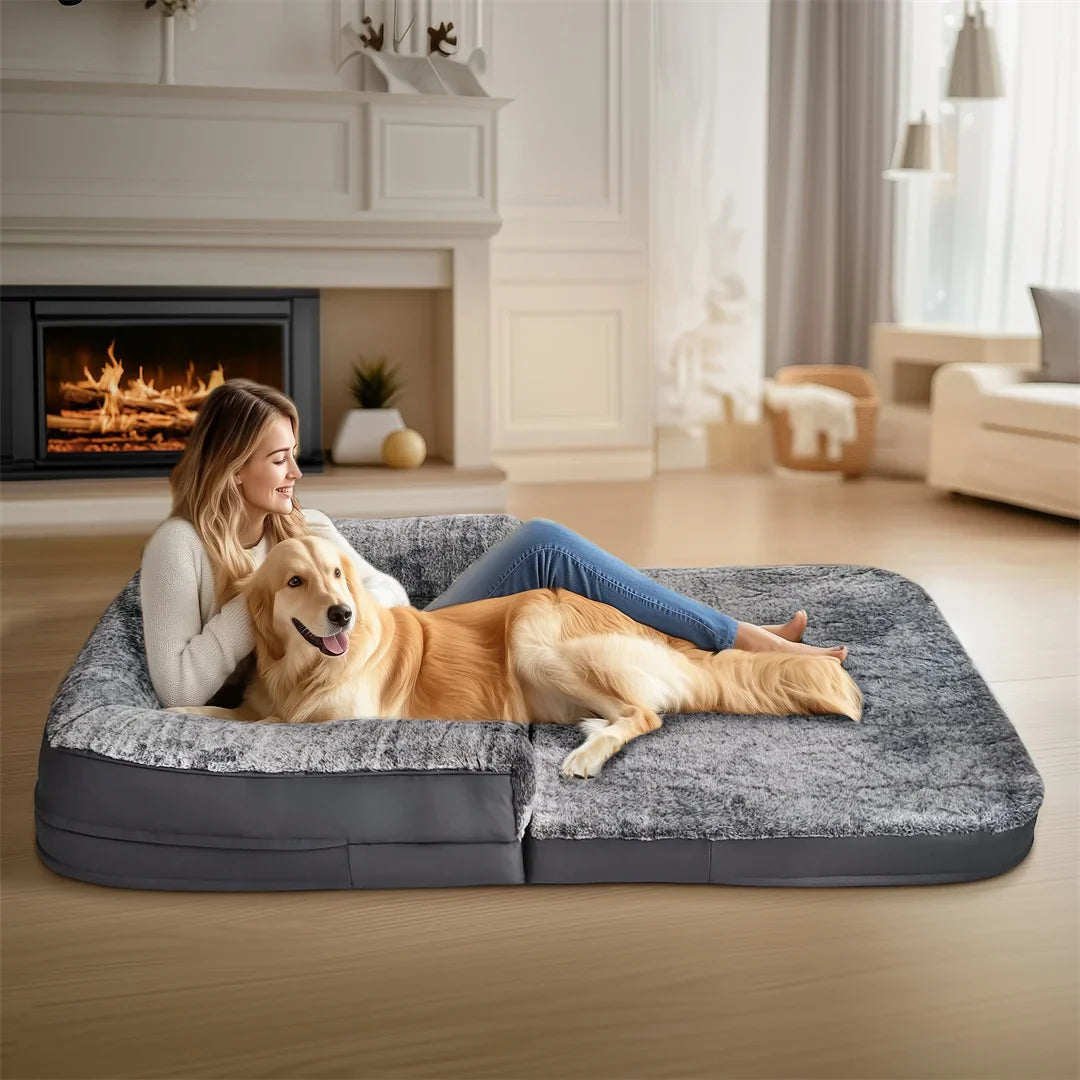 180cm Human-Size Giant Dog Bed – Foldable Calming Orthopedic Pet Bed with Plush Cover