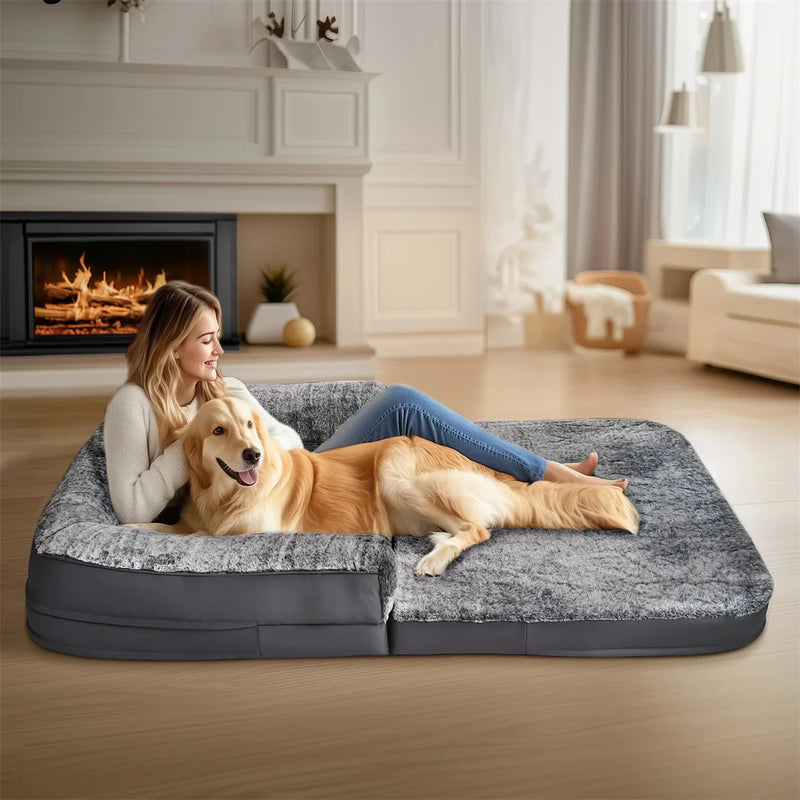 180cm Human-Size Giant Dog Bed – Foldable Calming Orthopedic Pet Bed with Plush Cover