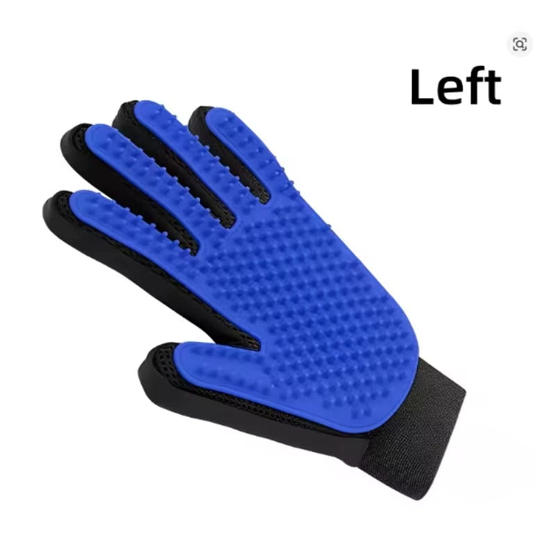 Blue grooming glove with black accents on a white background