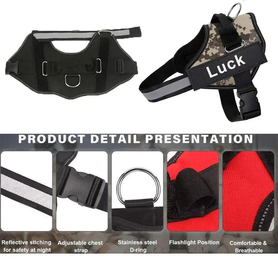 Dog harness with 'Luck' label, reflective stitching, adjustable chest strap, stainless steel D-ring, flashlight position, and comfortable breathable design.