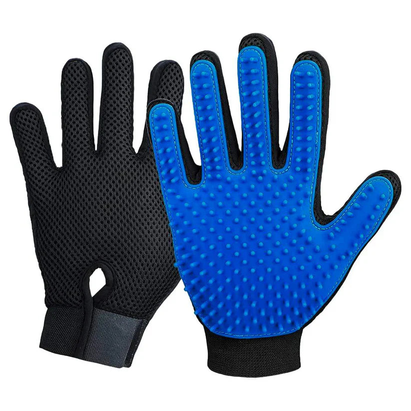 Black and blue grooming gloves on a white background