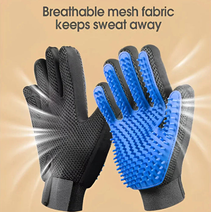 Black and blue grooming gloves with text on a beige background