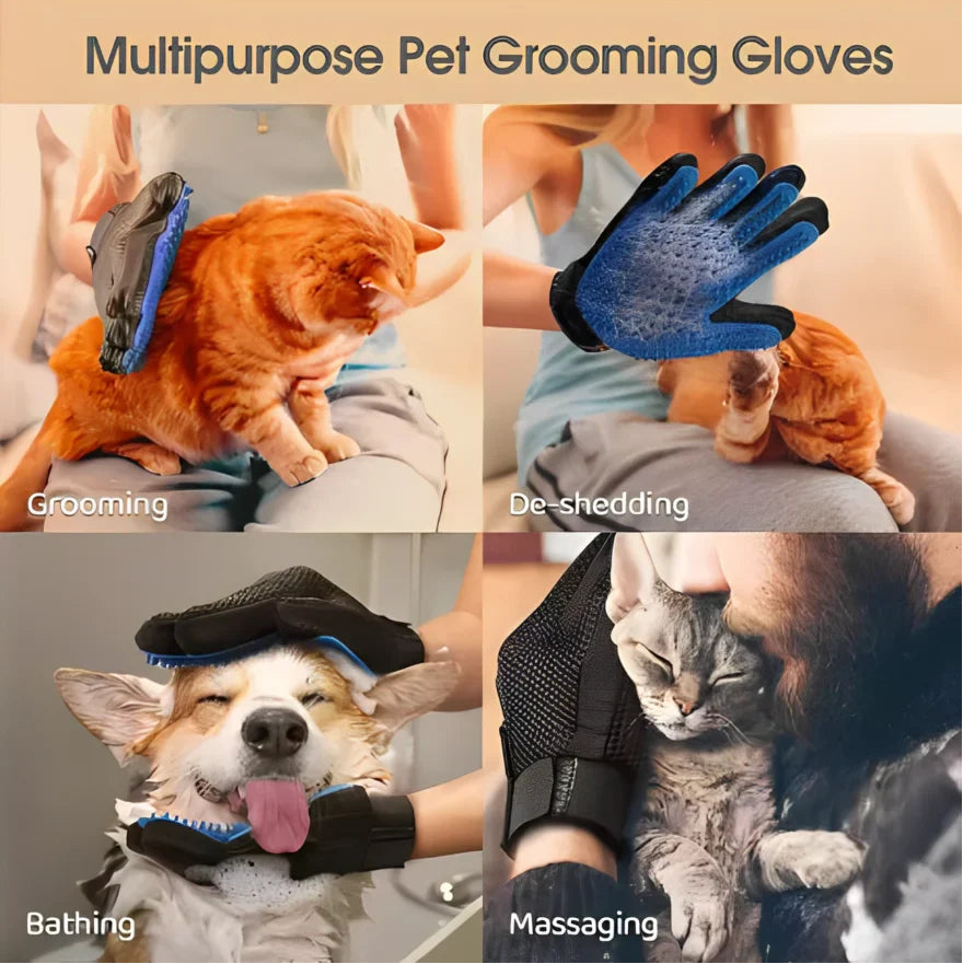 Multipurpose pet grooming gloves being used on a cat, dog, and cat with text labels.