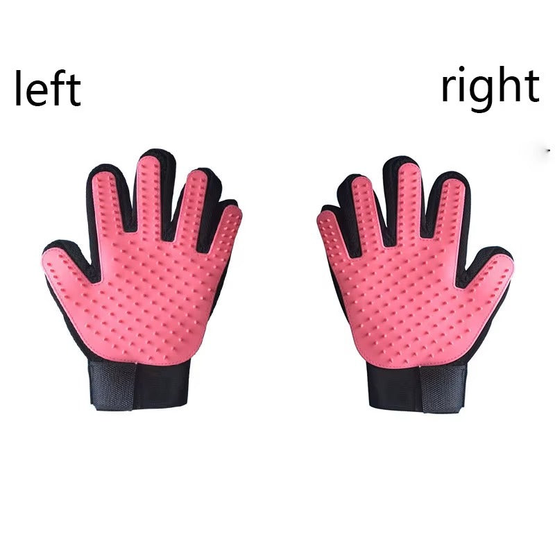 Pink grooming gloves with black accents on a white background, labeled 'left' and 'right'.