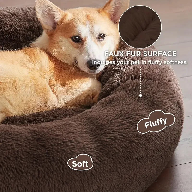 Dog lying on a fluffy brown pet bed with text highlighting the faux fur surface and softness.