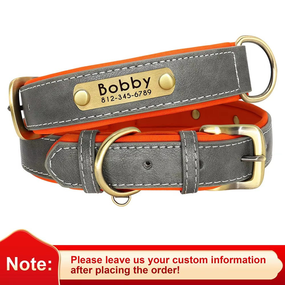 Custom PU Leather Dog Collar with Engraved ID Nameplate – Adjustable Soft Padded Collar