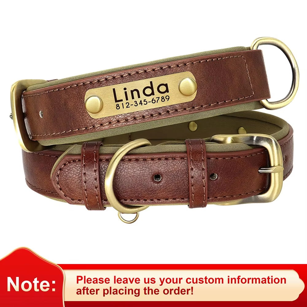 Custom PU Leather Dog Collar with Engraved ID Nameplate – Adjustable Soft Padded Collar