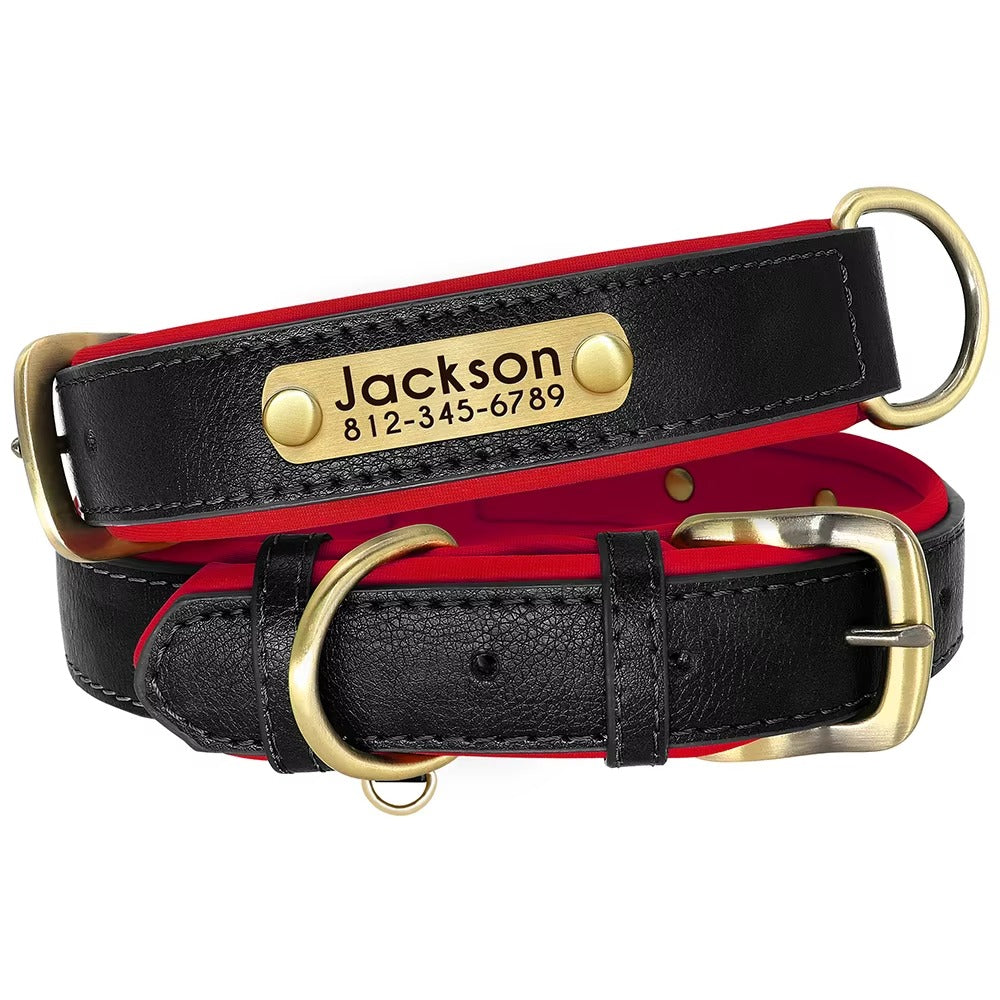 Custom PU Leather Dog Collar with Engraved ID Nameplate – Adjustable Soft Padded Collar